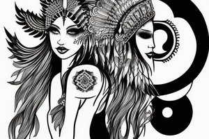 girl with wolf headdress, with ying yang feathers tattoo idea