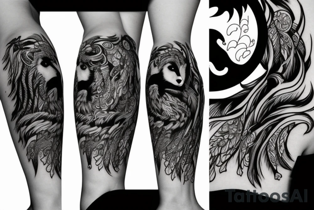 girl with wolf, with ying yang feathers tattoo idea