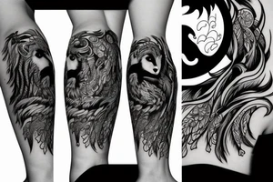 girl with wolf, with ying yang feathers tattoo idea