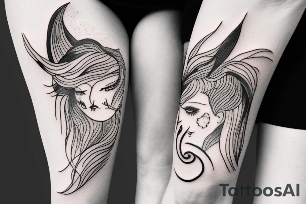 girl with wolf, with ying yang feathers tattoo idea