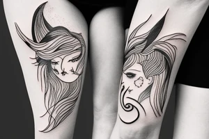 girl with wolf, with ying yang feathers tattoo idea