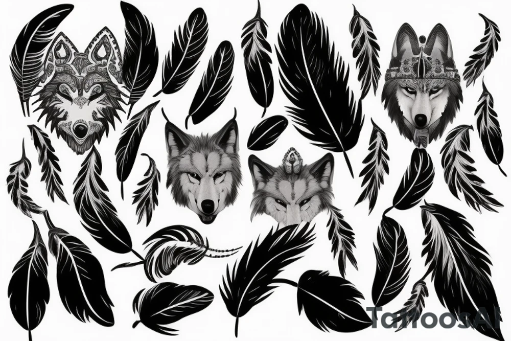 wolf headress, with black and white feathers tattoo idea