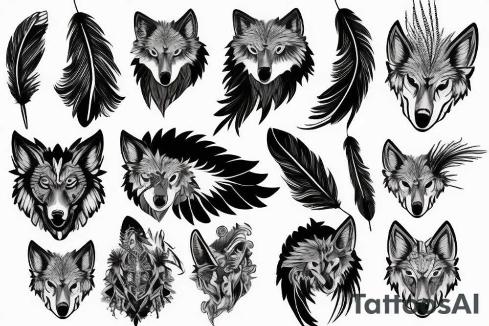 wolf headress, with black and white feathers tattoo idea