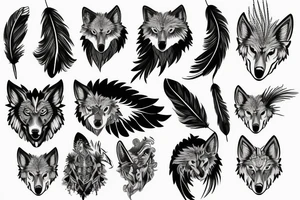 wolf headress, with black and white feathers tattoo idea