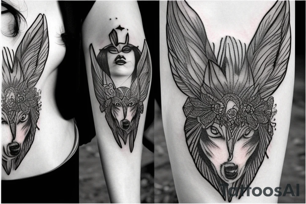 girl with wolf headress, with black and white feathers tattoo idea