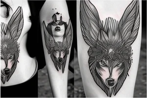 girl with wolf headress, with black and white feathers tattoo idea
