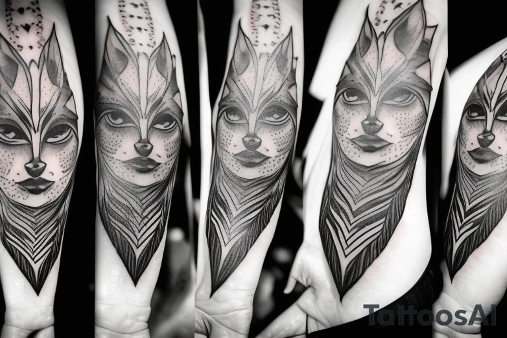 girl with wolf headress, with black and white feathers tattoo idea girl with wolf headress, with black and white feathers tattoo idea