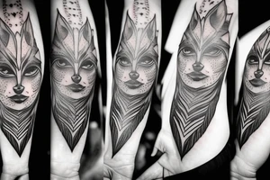 girl with wolf headress, with black and white feathers tattoo idea