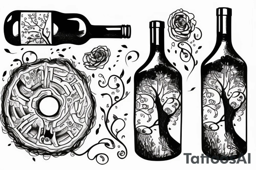 wine bottle with tree rings inside the bottle. tine lines tattoo idea