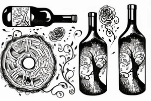 wine bottle with tree rings inside the bottle. tine lines tattoo idea
