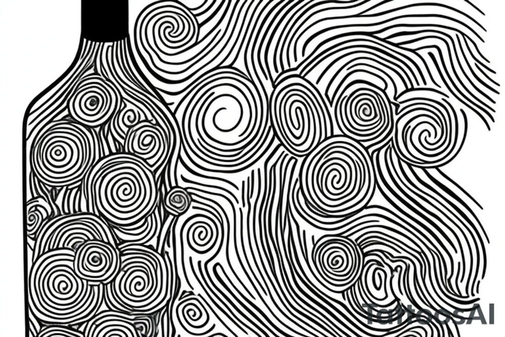 wine bottle with tree rings inside the bottle. thin lines tattoo idea