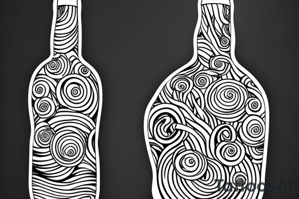 wine bottle with tree rings inside the bottle. thin lines tattoo idea