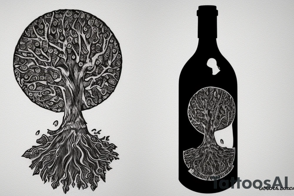 wine bottle with tree ring inside the bottle. burgundy bottle, natural tattoo idea