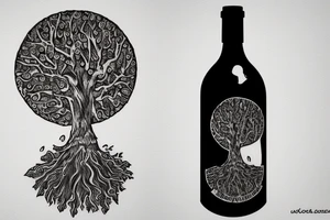 wine bottle with tree ring inside the bottle. burgundy bottle, natural tattoo idea