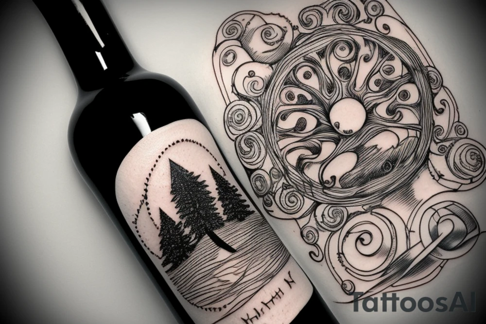 wine bottle with tree ring inside the bottle. burgundy bottle, natural tattoo idea