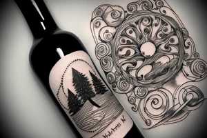 wine bottle with tree ring inside the bottle. burgundy bottle, natural tattoo idea