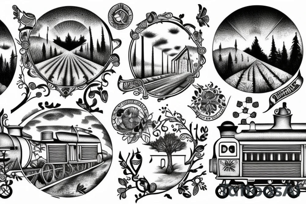 Train window overlooking fields and forests tattoo idea
