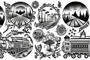 Train window overlooking fields and forests tattoo idea