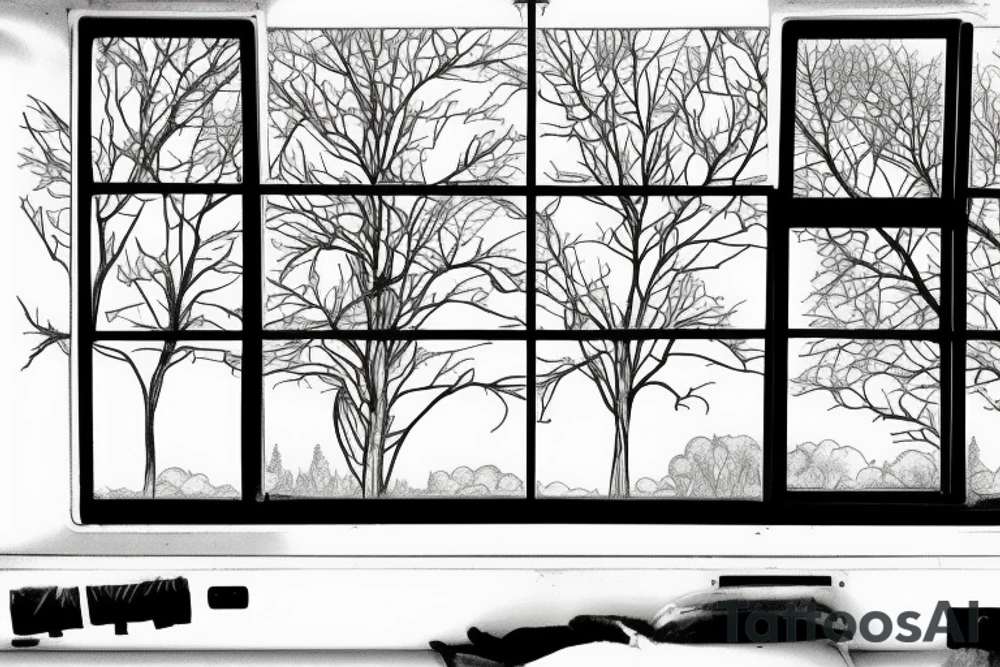 Train window overlooking fields and forests tattoo idea