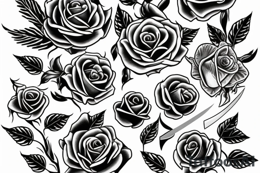 Outline knife with roses tattoo idea
