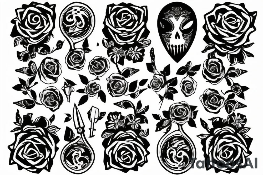 Outline knife with roses tattoo idea