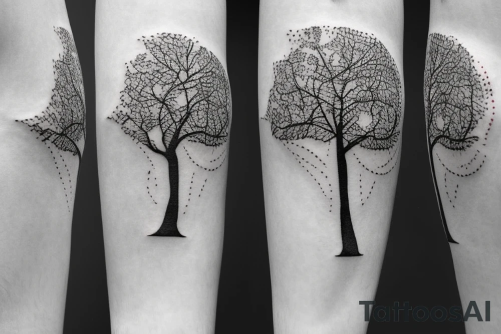 Tree, linden tree, leaves, flowers realistic, engraving style tattoo idea