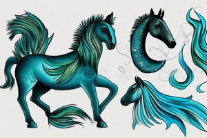 kelpie horse in dark climate in blue, turquoise and green colors tattoo idea