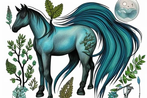 kelpie horse in dark climate in blue, turquoise and green colors with some trees and shrubs tattoo idea