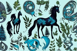 kelpie horse in dark climate in blue, turquoise and green colors with some trees and shrubs tattoo idea