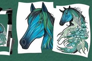 kelpie horse in dark climate in blue, turquoise and green colors with some trees and shrubs tattoo idea