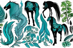 kelpie horse in dark climate in blue, turquoise and green colors with some trees and shrubs tattoo idea