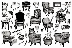 Cat sits on an armchair and smokes cigarette tattoo idea