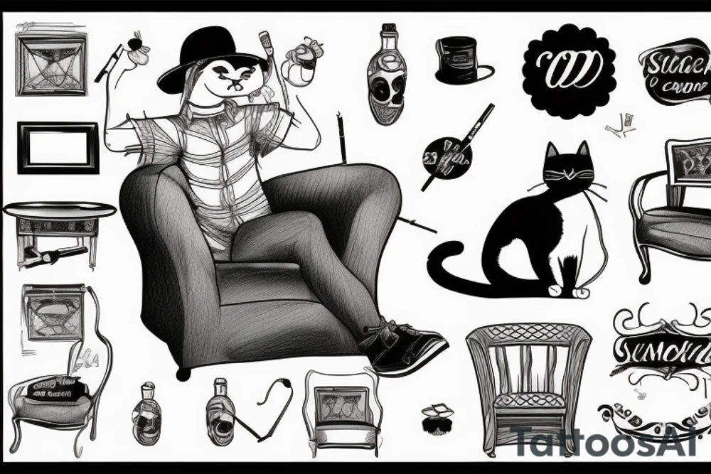 Cat sits on an armchair and smokes cigarette tattoo idea
