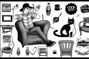 Cat sits on an armchair and smokes cigarette tattoo idea