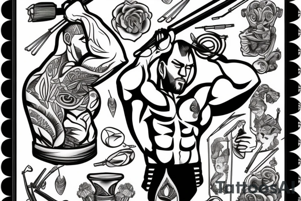 A muscular man shooting a bow and arrow with a vase of water next to him tattoo idea