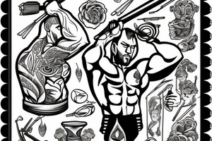 A muscular man shooting a bow and arrow with a vase of water next to him tattoo idea