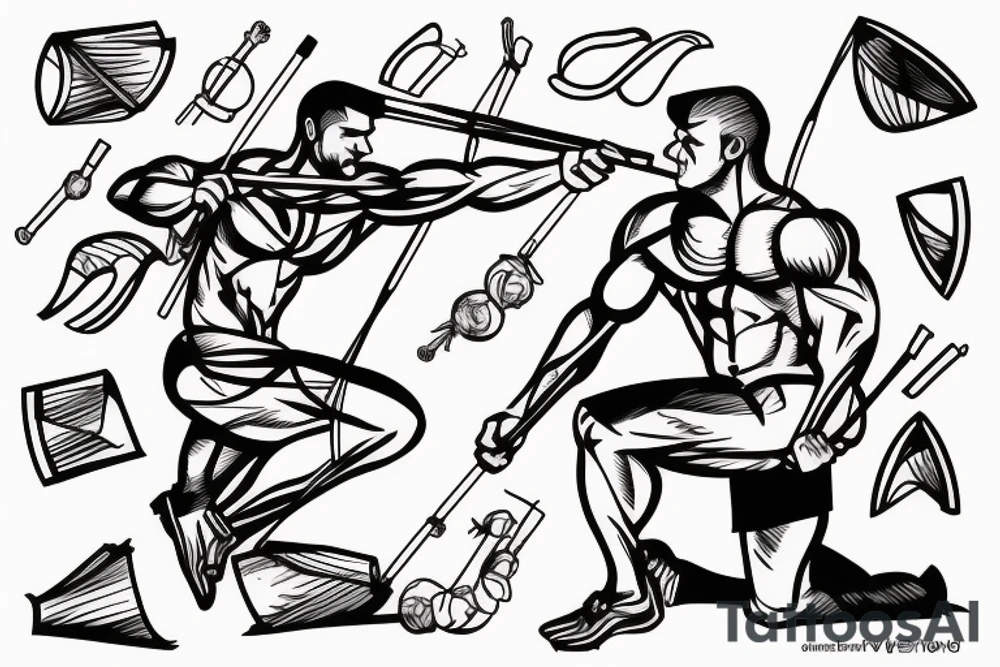 A muscular man shooting a bow and arrow with a vase of water next to him tattoo idea