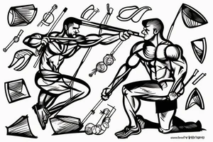 A muscular man shooting a bow and arrow with a vase of water next to him tattoo idea