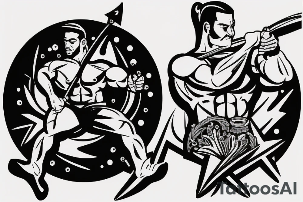 A muscular man shooting a bow and arrow with a vase of water next to him tattoo idea