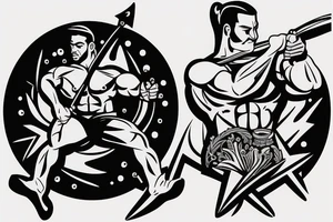 A muscular man shooting a bow and arrow with a vase of water next to him tattoo idea