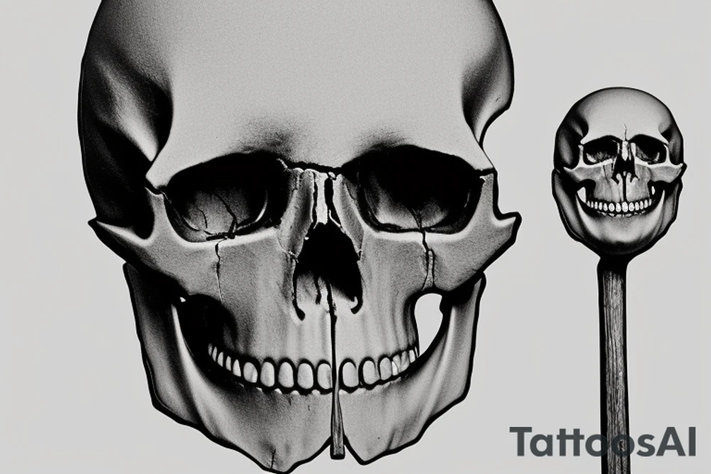 The skull is facing forward, with empty eye sockets. The drumsticks are placed vertically, with one drumstick going through each eye socket. The drumsticks are parallel to each other, and the tips of the drumsticks are touching the back of the skull. The drumsticks are positioned in such a way that it appears as if the skull is playing the drumsticks like a percussion instrument. tattoo idea