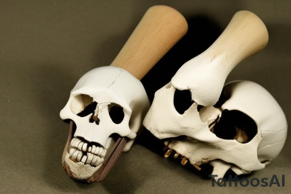 The skull is facing forward, with empty eye sockets. The drumsticks are placed vertically, with one drumstick going through each eye socket. The drumsticks are parallel to each other, and the tips of the drumsticks are touching the back of the skull. The drumsticks are positioned in such a way that it appears as if the skull is playing the drumsticks like a percussion instrument. tattoo idea