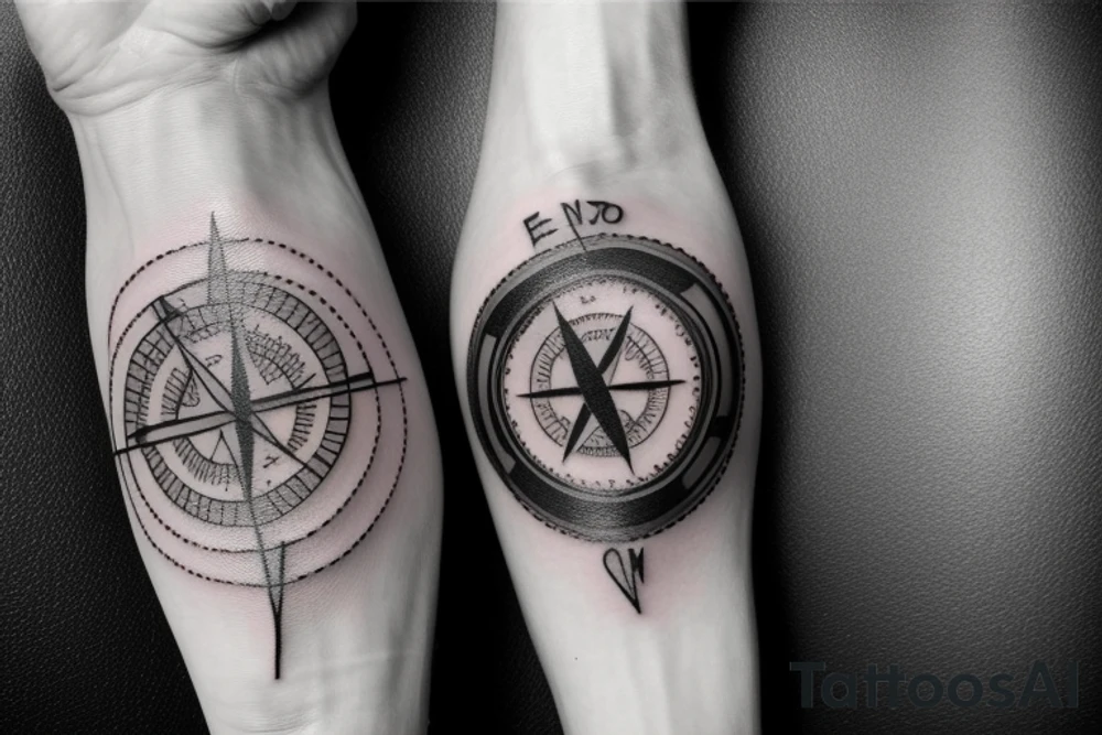 watch numbers, compass, roses, father and son walking on the road tattoo idea