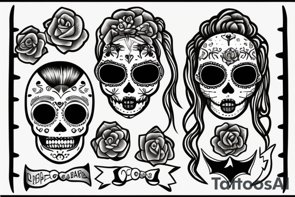 Sugar skull girl with blonde hair and half shaved head with black and white glasses and an anchor tattoo on her arm tattoo idea