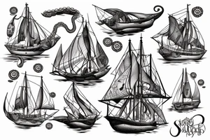 1600 Era sailboat, giant tentacles in fleshy colour dragging the crushed ship under tattoo idea