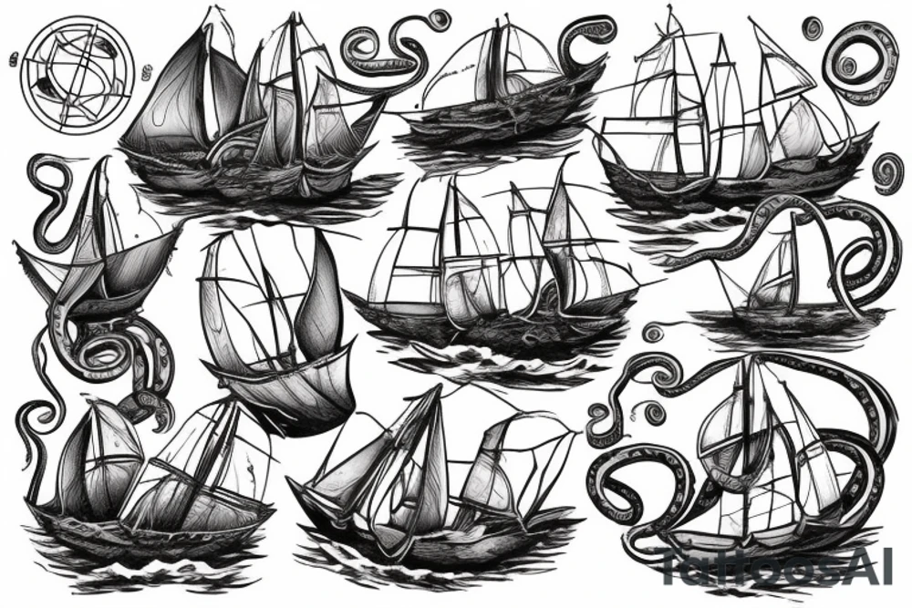 1600 Era sailboat, giant tentacles in fleshy colour dragging the crushed ship under tattoo idea