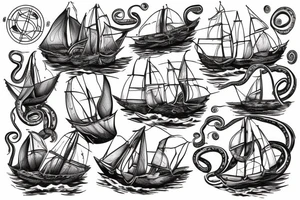 1600 Era sailboat, giant tentacles in fleshy colour dragging the crushed ship under tattoo idea