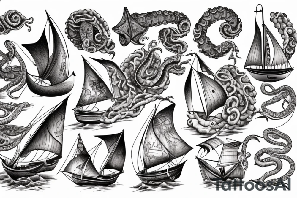 1600 Era sailboat, giant tentacles in fleshy colour dragging the crushed ship under tattoo idea