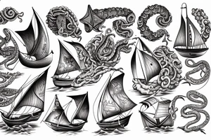 1600 Era sailboat, giant tentacles in fleshy colour dragging the crushed ship under tattoo idea