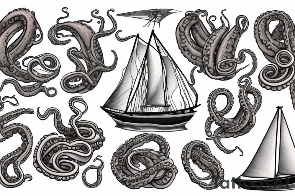 1600 Era sailboat, giant tentacles in fleshy colour dragging the crushed ship under tattoo idea